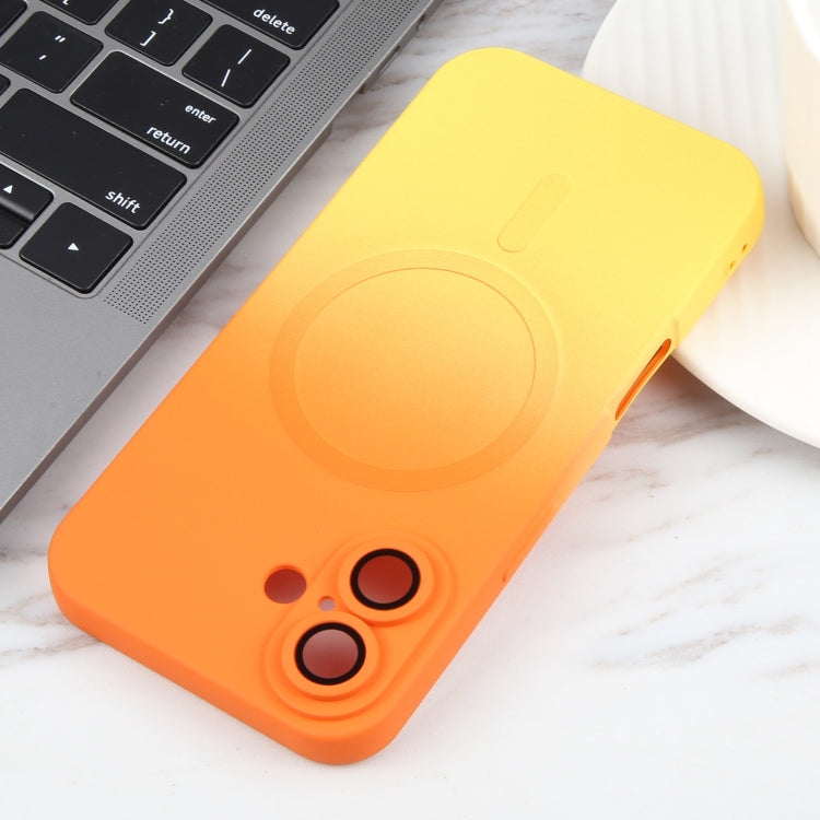 For iPhone 16 Liquid TPU Silicone Gradient MagSafe Phone Case(Orange Yellow)