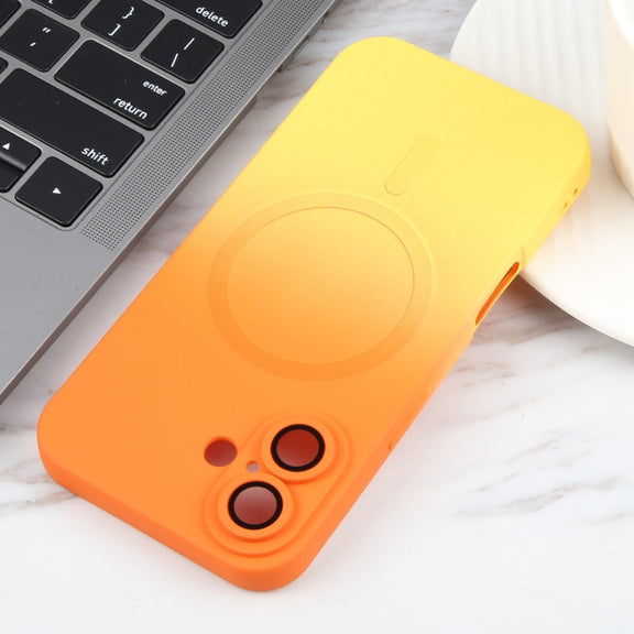 For iPhone 16 Liquid TPU Silicone Gradient MagSafe Phone Case(Orange Yellow)