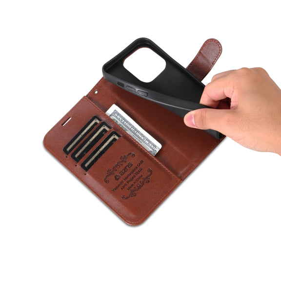 For iPhone 16 Pro Max AZNS Sheepskin Texture Flip Leather Phone Case(Brown)