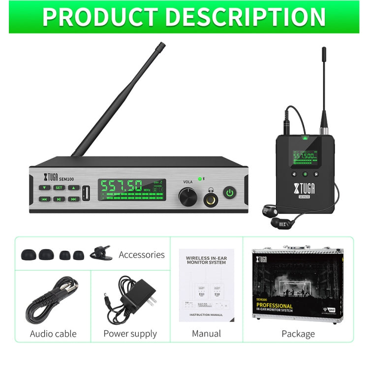 XTUGA SEM100 Professional Wireless In Ear Monitor System 1 BodyPacks(US Plug)