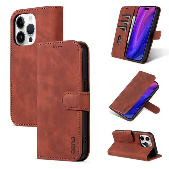 For iPhone 15 Pro Max AZNS Skin Feel Calf Texture Flip Leather Phone Case(Brown)