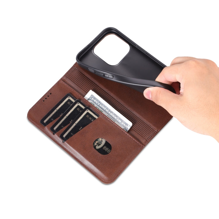 For iPhone 16 Pro Max AZNS Magnetic Calf Texture Flip Leather Phone Case(Dark Brown)