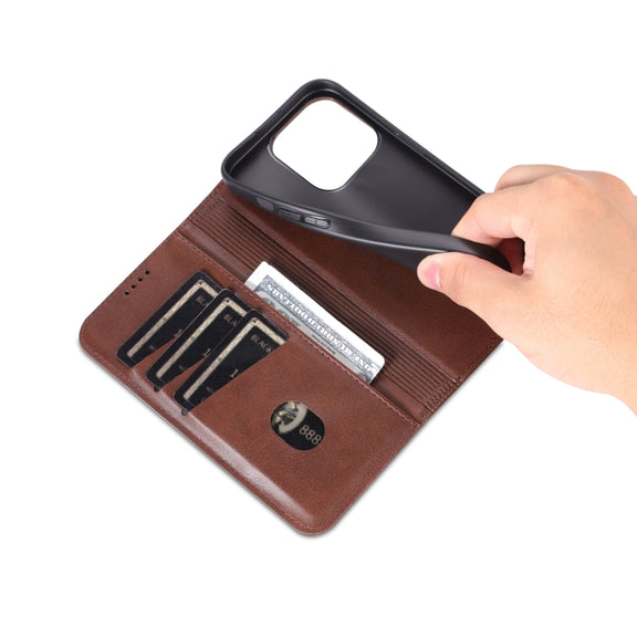 For iPhone 16 Pro Max AZNS Magnetic Calf Texture Flip Leather Phone Case(Dark Brown)