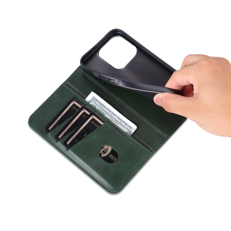 For iPhone 16 Pro Max AZNS Magnetic Calf Texture Flip Leather Phone Case(Dark Green)