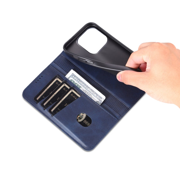 For iPhone 16 Pro Max AZNS Magnetic Calf Texture Flip Leather Phone Case(Dark Blue)