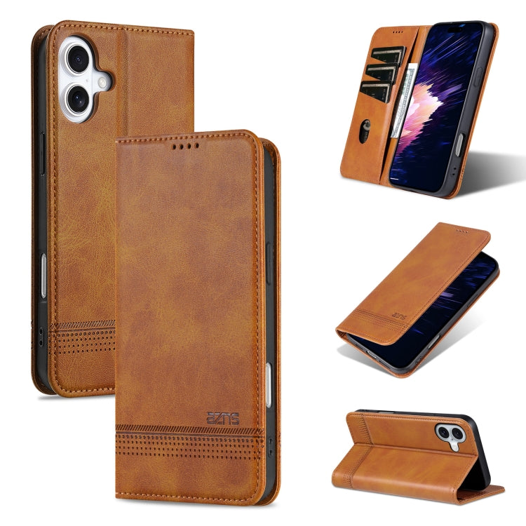 For iPhone 16 Plus AZNS Magnetic Calf Texture Flip Leather Phone Case(Light Brown)