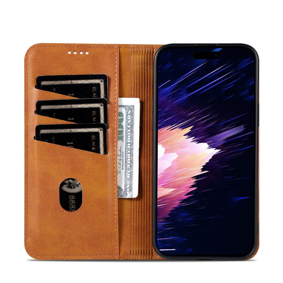 For iPhone 16 Plus AZNS Magnetic Calf Texture Flip Leather Phone Case(Light Brown)