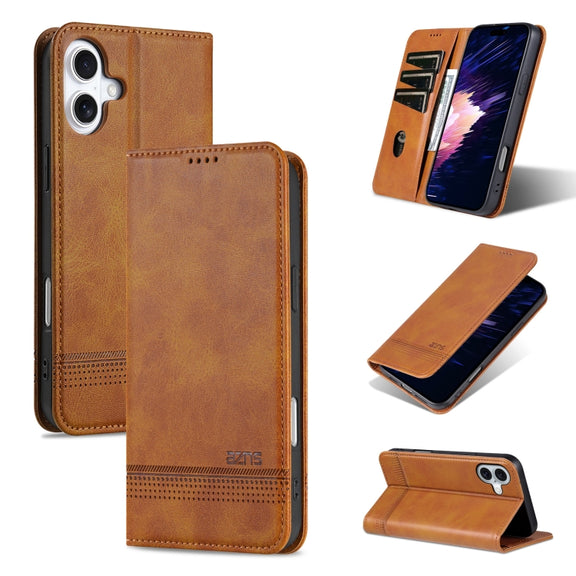 For iPhone 16 Plus AZNS Magnetic Calf Texture Flip Leather Phone Case(Light Brown)