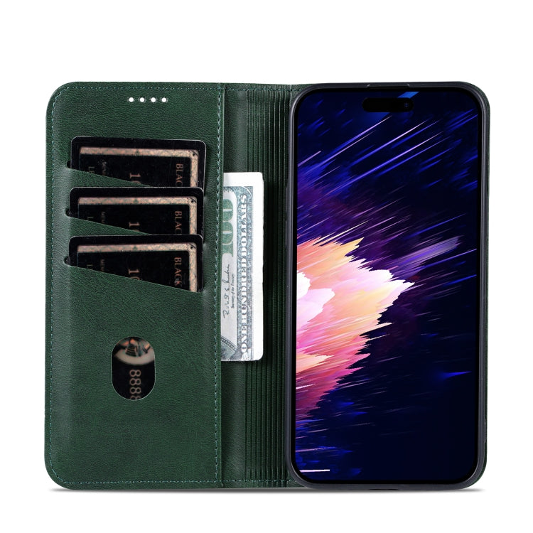 For iPhone 16 Plus AZNS Magnetic Calf Texture Flip Leather Phone Case(Dark Green)