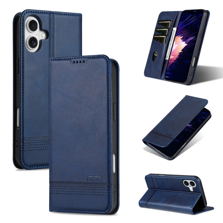 For iPhone 16 Plus AZNS Magnetic Calf Texture Flip Leather Phone Case(Dark Blue)