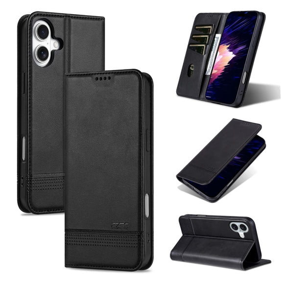 For iPhone 16 Plus AZNS Magnetic Calf Texture Flip Leather Phone Case(Black)