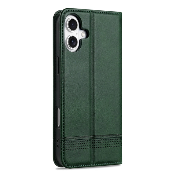 For iPhone 16 AZNS Magnetic Calf Texture Flip Leather Phone Case(Dark Green)