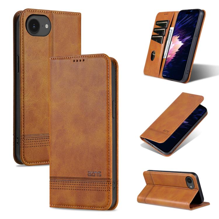 For iPhone 16e AZNS Magnetic Calf Texture Flip Leather Phone Case(Light Brown)