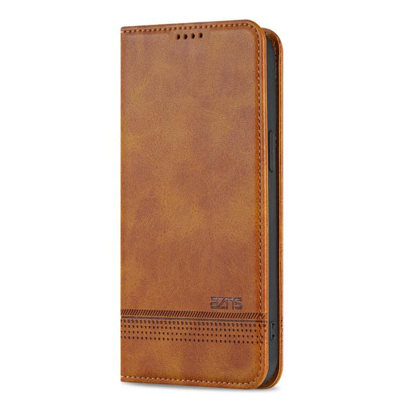 For iPhone 16e AZNS Magnetic Calf Texture Flip Leather Phone Case(Light Brown)