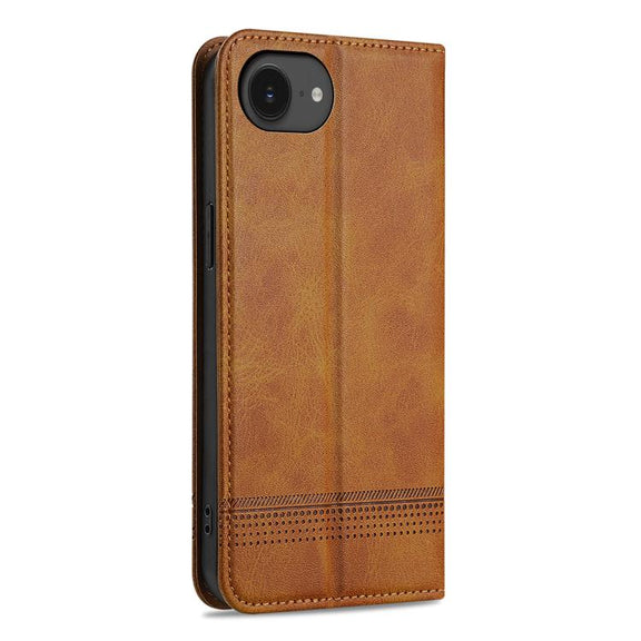 For iPhone 16e AZNS Magnetic Calf Texture Flip Leather Phone Case(Light Brown)