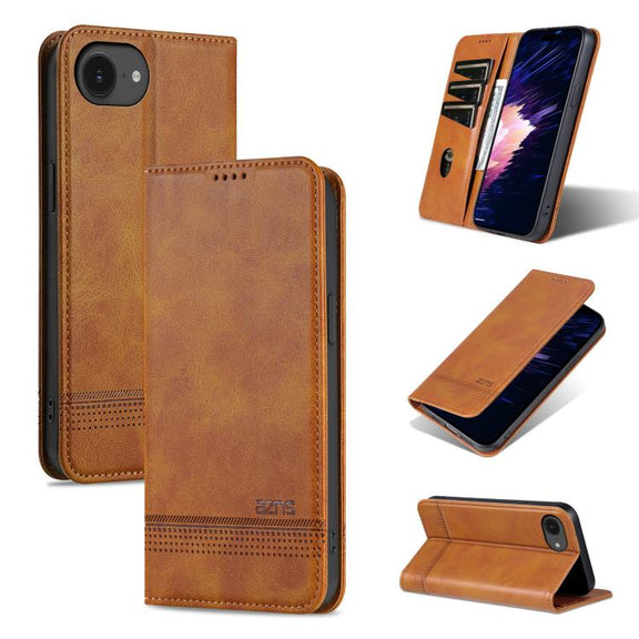 For iPhone 16e AZNS Magnetic Calf Texture Flip Leather Phone Case(Light Brown)
