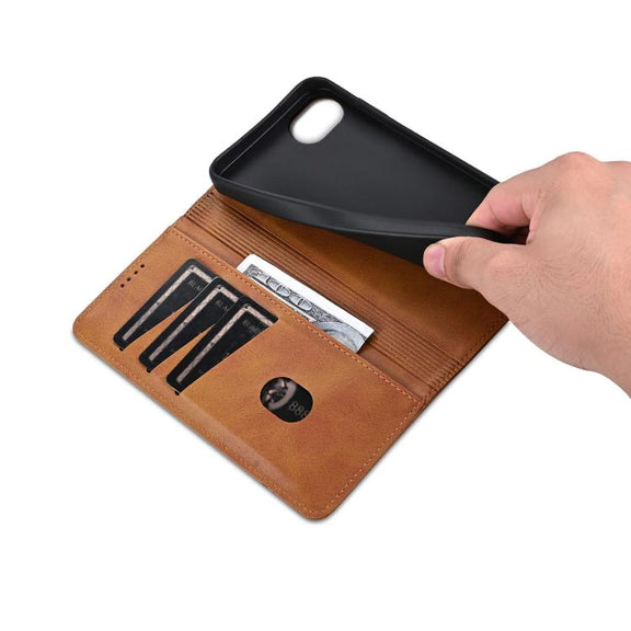 For iPhone 16e AZNS Magnetic Calf Texture Flip Leather Phone Case(Light Brown)