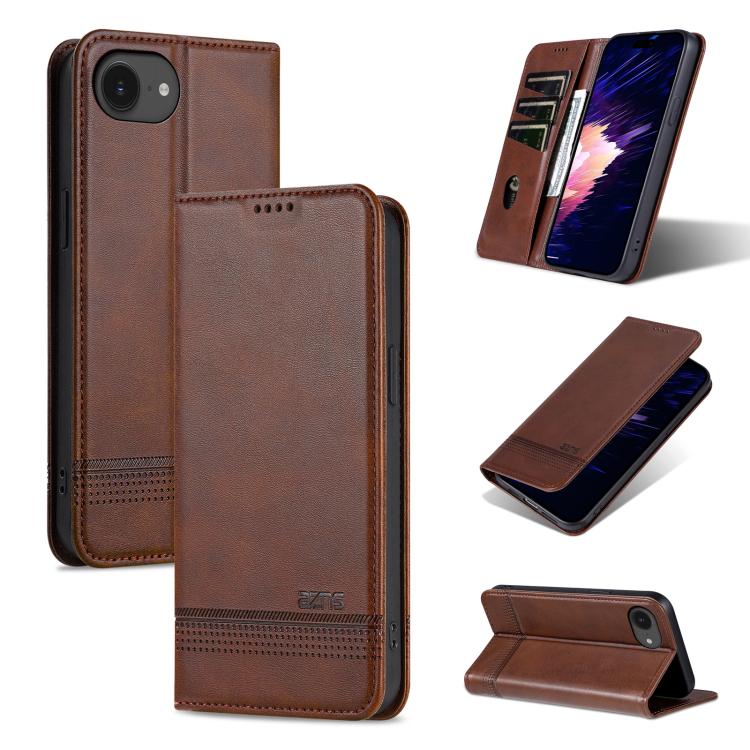 For iPhone 16e AZNS Magnetic Calf Texture Flip Leather Phone Case(Dark Brown)