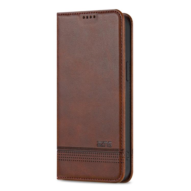 For iPhone 16e AZNS Magnetic Calf Texture Flip Leather Phone Case(Dark Brown)