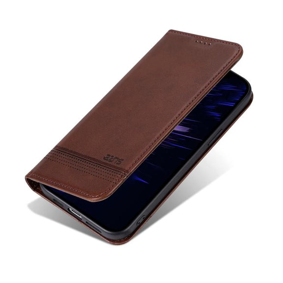 For iPhone 16e AZNS Magnetic Calf Texture Flip Leather Phone Case(Dark Brown)