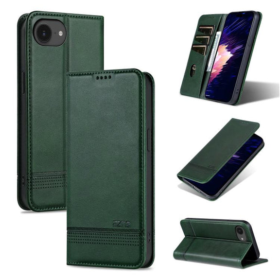 For iPhone 16e AZNS Magnetic Calf Texture Flip Leather Phone Case(Dark Green)