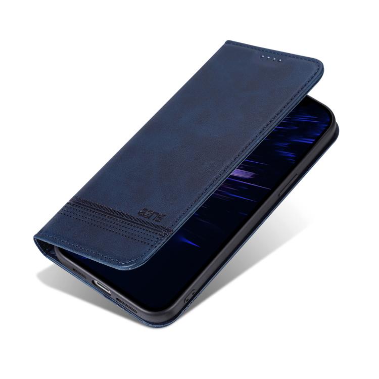 For iPhone 16e AZNS Magnetic Calf Texture Flip Leather Phone Case(Dark Blue)