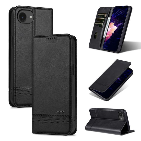 For iPhone 16e AZNS Magnetic Calf Texture Flip Leather Phone Case(Black)