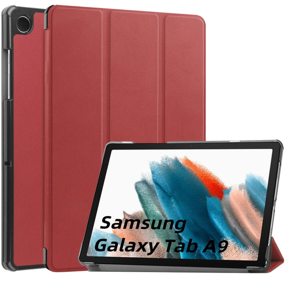 For Samsung Galaxy Tab A9 Custer Pure Color 3-Fold Holder Leather Tablet Case(Wine Red)