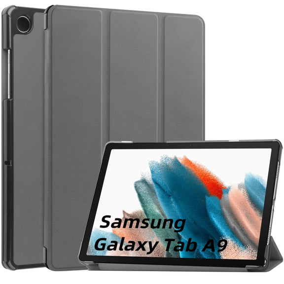 For Samsung Galaxy Tab A9 Custer Pure Color 3-Fold Holder Leather Tablet Case(Grey)