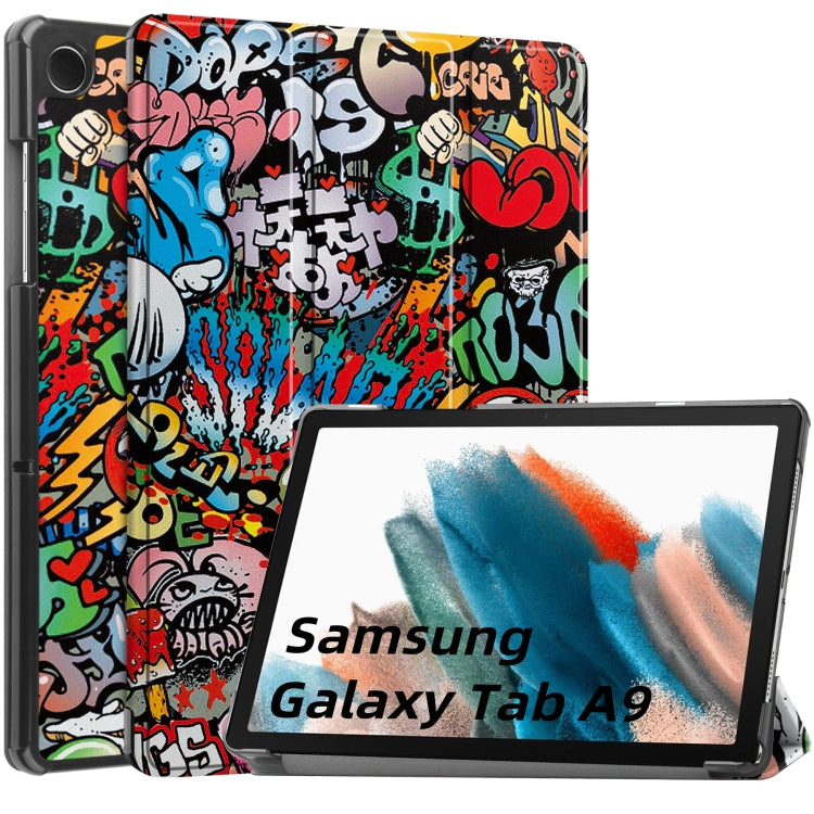 For Samsung Galaxy Tab A9 Custer Painted 3-Fold Holder Smart Leather Tablet Case(Graffiti)