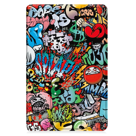 For Samsung Galaxy Tab A9 Custer Painted 3-Fold Holder Smart Leather Tablet Case(Graffiti)