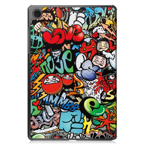 For Samsung Galaxy Tab A9 Custer Painted 3-Fold Holder Smart Leather Tablet Case(Graffiti)
