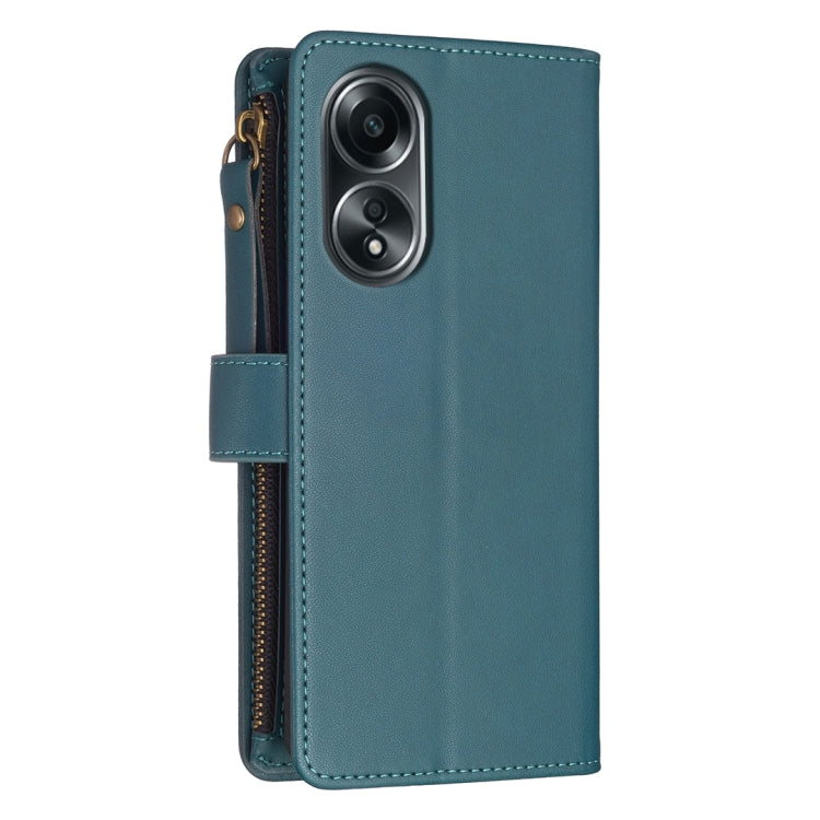 For OPPO A58 4G 9 Card Slots Zipper Wallet Leather Flip Phone Case(Green)