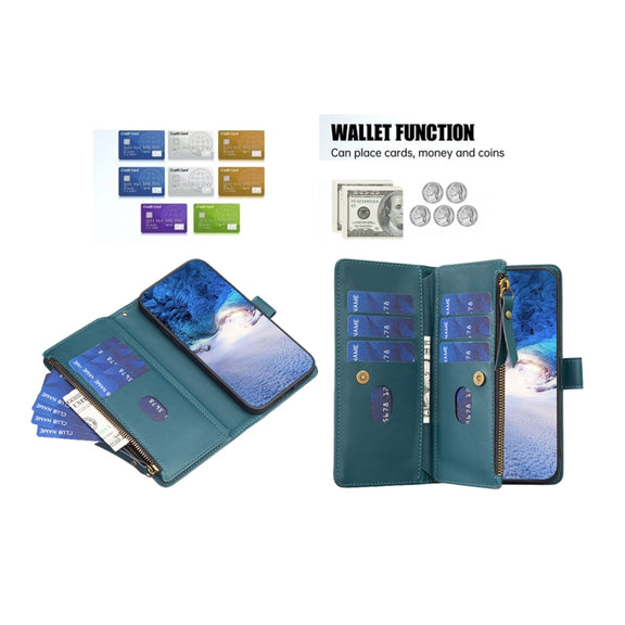 For OPPO A58 4G 9 Card Slots Zipper Wallet Leather Flip Phone Case(Green)