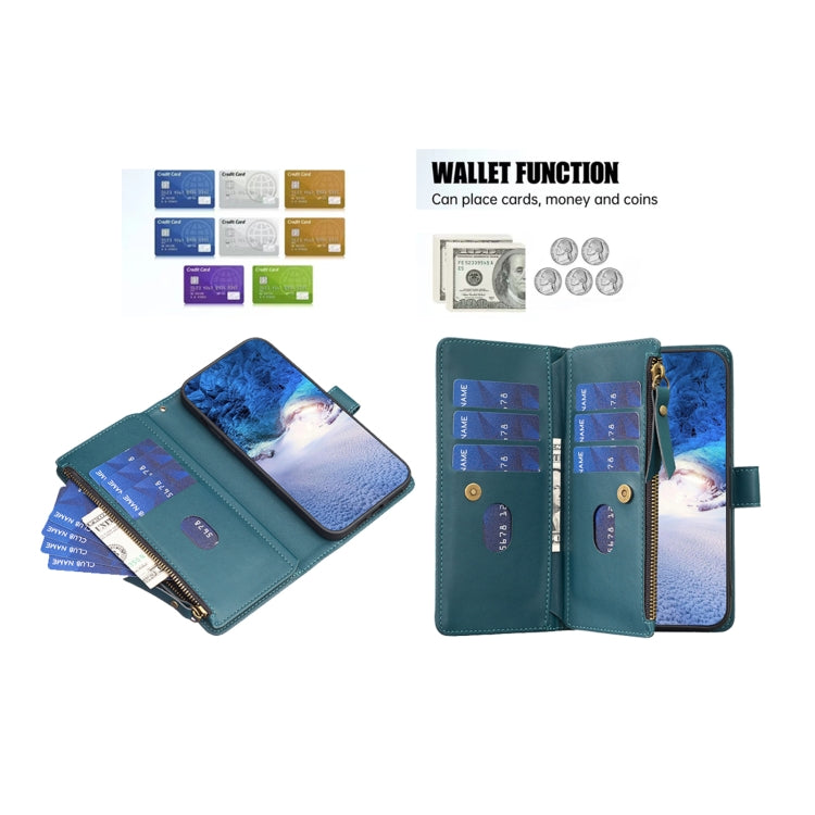 For OPPO A58 4G 9 Card Slots Zipper Wallet Leather Flip Phone Case(Green)