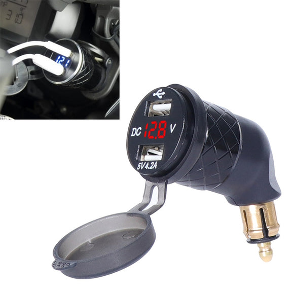 German EU Plug Special Motorcycle Elbow Charger Dual USB Voltmeter 4.2A Charger, Shell Color:Black(Red Light)