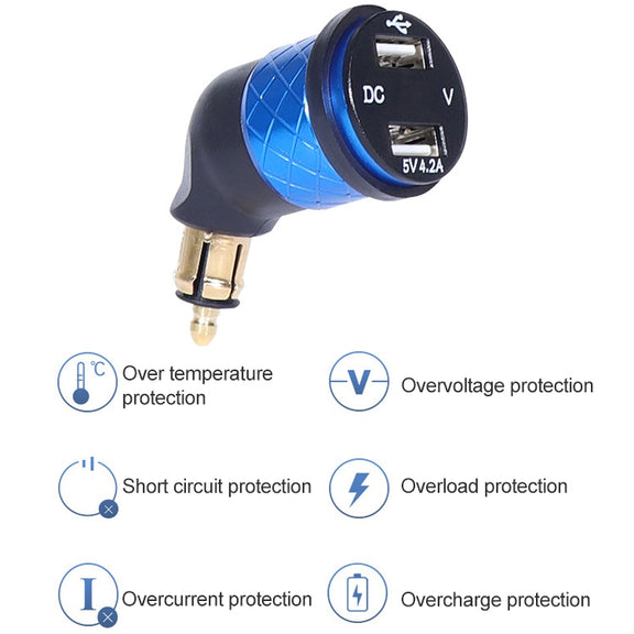 German EU Plug Special Motorcycle Elbow Charger Dual USB Voltmeter 4.2A Charger, Shell Color:Blue(Red Light)