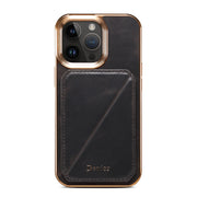 For iPhone 15 Pro Max Denior Oil Wax Leather Electroplating Card Slot Holder Phone Case(Black)