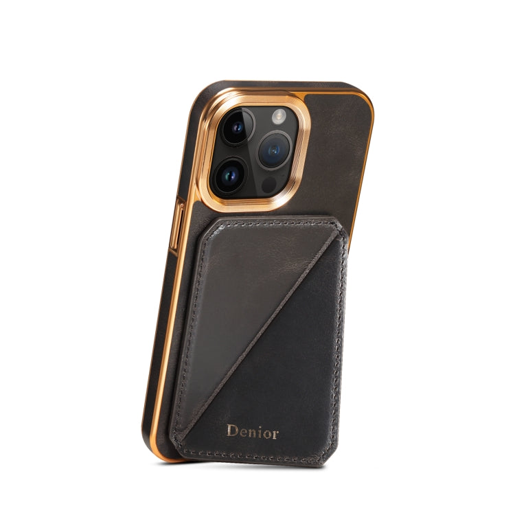 For iPhone 15 Pro Max Denior Oil Wax Leather Electroplating Card Slot Holder Phone Case(Black)