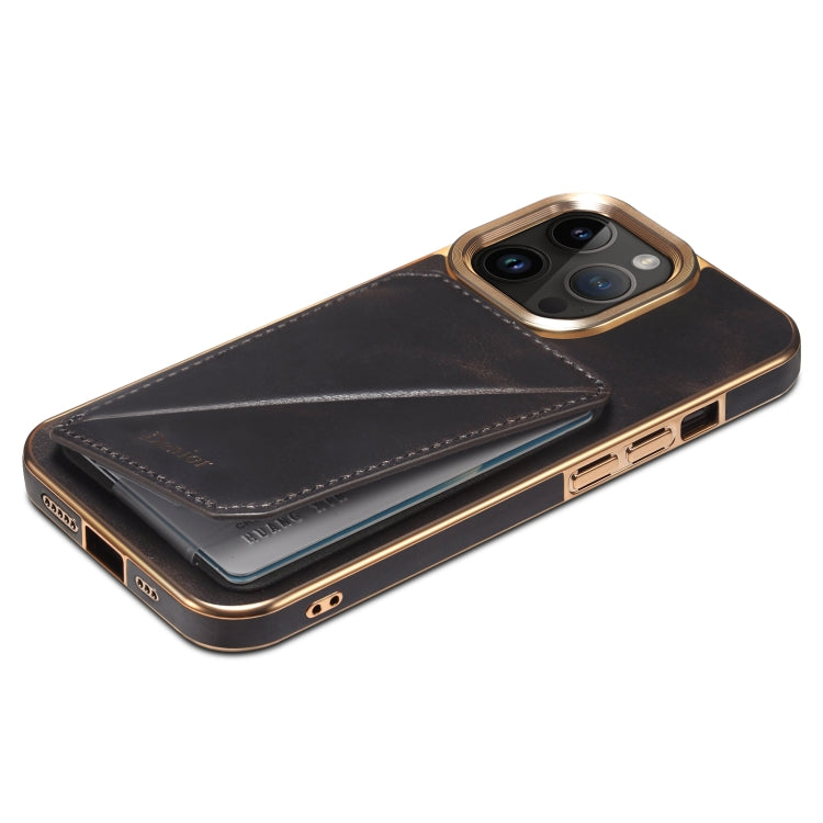 For iPhone 15 Pro Max Denior Oil Wax Leather Electroplating Card Slot Holder Phone Case(Black)