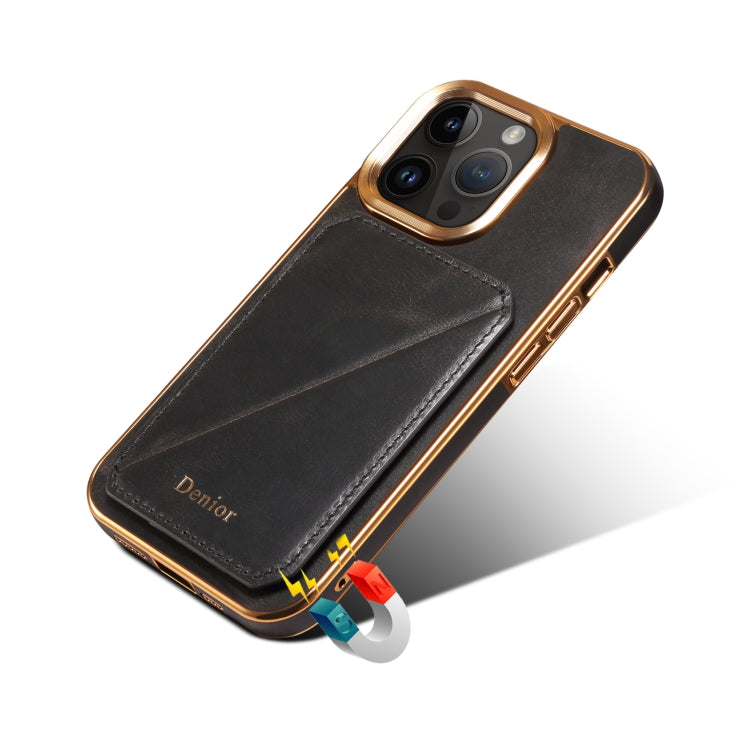 For iPhone 15 Pro Max Denior Oil Wax Leather Electroplating Card Slot Holder Phone Case(Black)