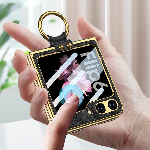 For Samsung Galaxy Z Flip6 / Flip7 FE GKK Integrated Plating Diamond Texture PU Phone Case with Ring(Purple)