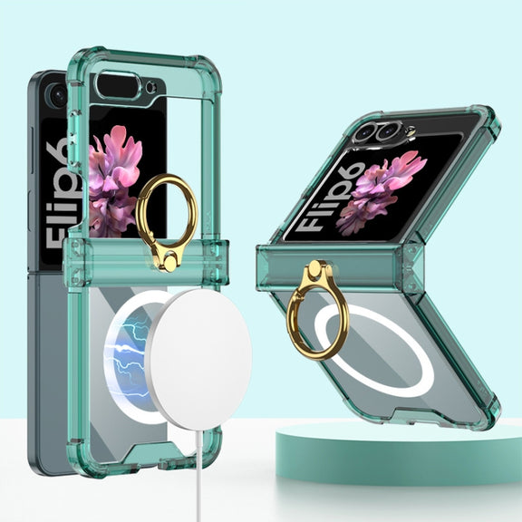 For Samsung Galaxy Z Flip6 GKK MagSafe Airbag Hinge Shockproof Phone Case with Ring Holder(Green)