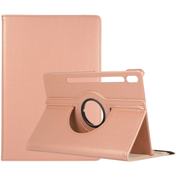 For Samsung Galaxy Tab S9 360 Degrees Rotation Holder Litchi Texture Leather Tablet Case(Rose Gold)
