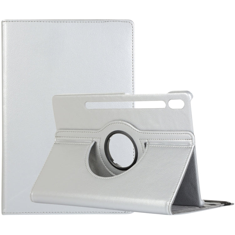 For Samsung Galaxy Tab S9 Ultra 360 Degrees Rotation Holder Litchi Texture Leather Tablet Case(Silver)