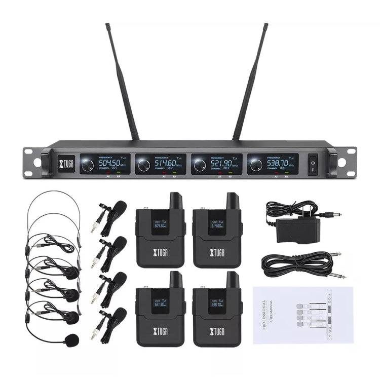 XTUGA A140-B Wireless Microphone System 4 BodyPack Headset Lavalier Microphone(UK Plug)