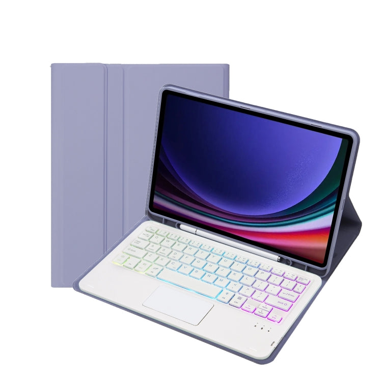 For Samsung Galaxy Tab S9 Candy Color Touch Backlight Bluetooth Keyboard Leather Tablet Case with Pen Holder(Purple)