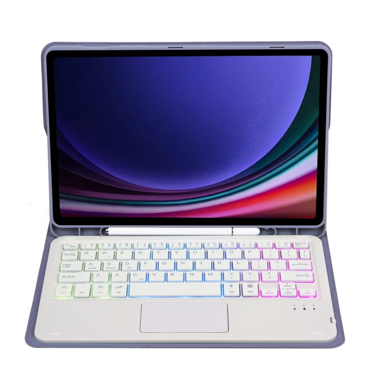 For Samsung Galaxy Tab S9 Candy Color Touch Backlight Bluetooth Keyboard Leather Tablet Case with Pen Holder(Purple)