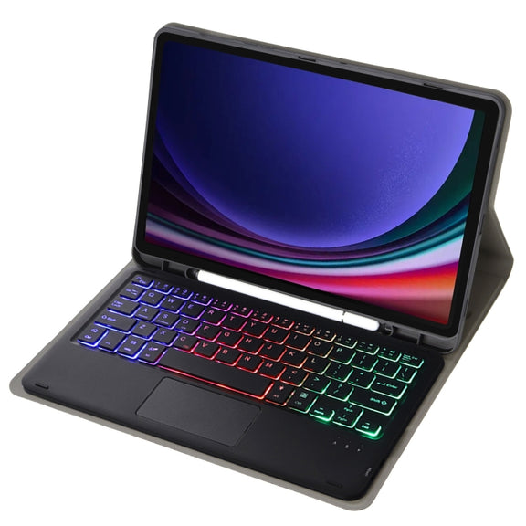 For Samsung Galaxy Tab S9 FE Candy Color Touch Backlight Bluetooth Keyboard Leather Tablet Case with Pen Holder(Black)