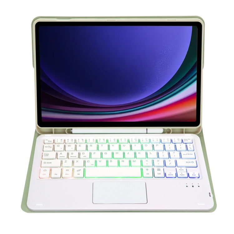 For Samsung Galaxy Tab S9 FE / 10 FE Candy Color Touch Backlight Bluetooth Keyboard Leather Tablet Case with Pen Holder(Light Green)